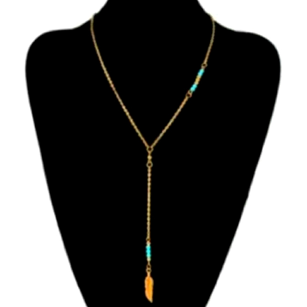 Gold Tassel  Feather Necklace with Accent Beads